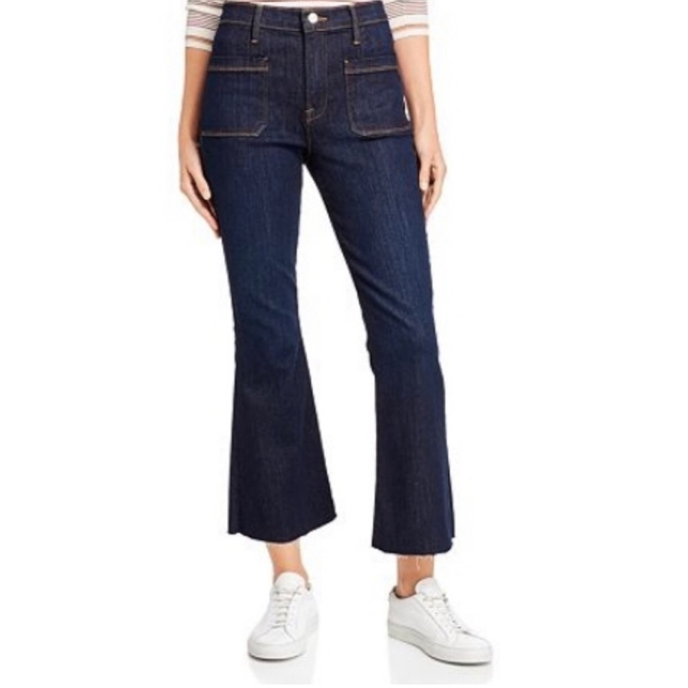 Frame Le Bardot Crop Flare Raw Edge Jeans in Sutherland size 29